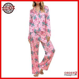 Satin Silk Pajama Set 2-Piece Long Sleeve Button Down Shirt Pants